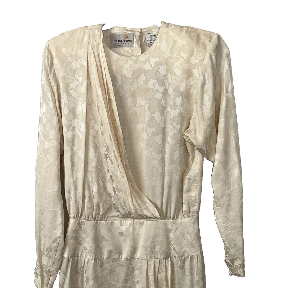 Vintage 80s Liz Claiborne Silk Dress 8 P Pale Yellow Jacquard Floral Faux Wrap - Picture 4 of 16